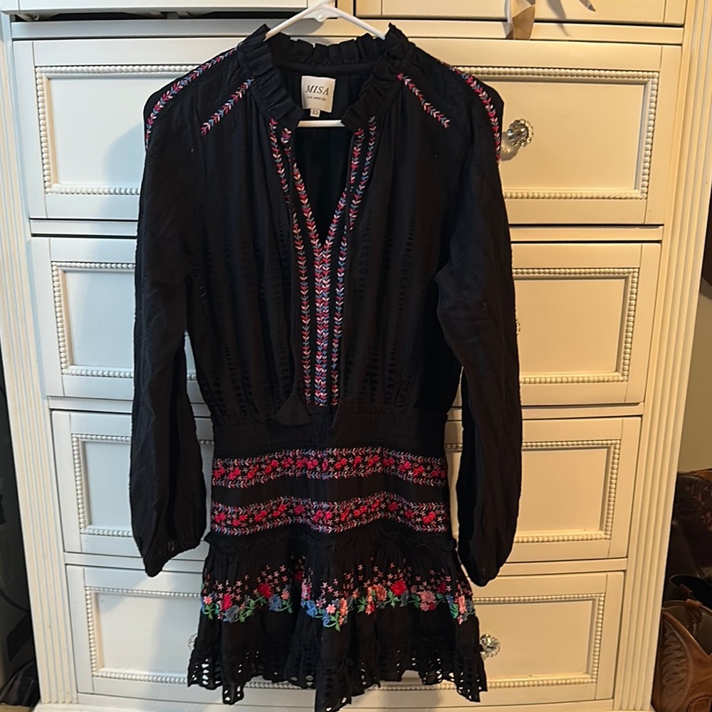 Misa Los Angeles Black Dress with Floral Embroidery XS